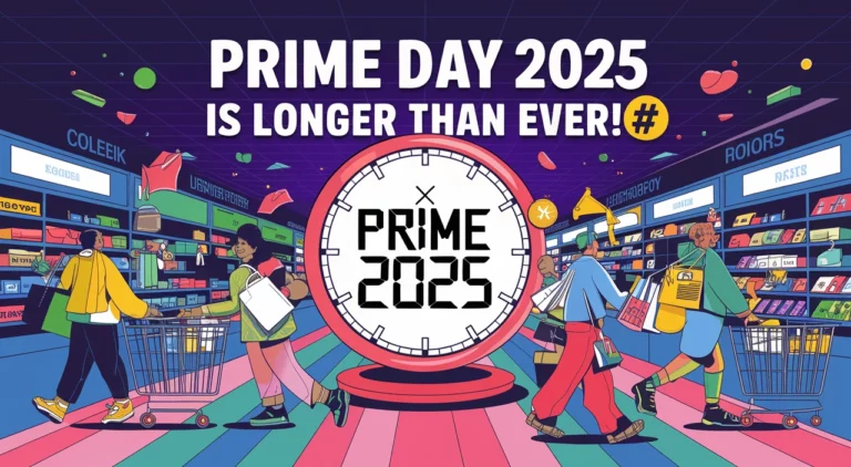 Prime Day 2025 sale duration promotion showing animated shoppers walking past a giant digital clock in a futuristic store aisle.