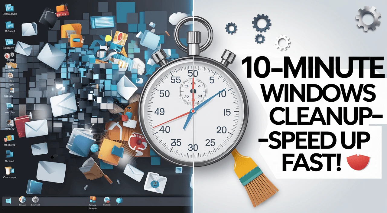 10-minute Windows cleanup guide with a stopwatch, digital clutter, and optimization tools