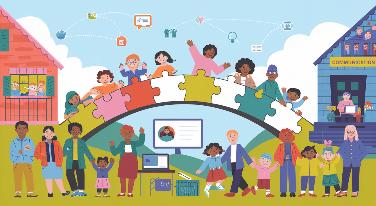 Bridge illustrating diverse families and teachers connecting home and school, supporting student success.